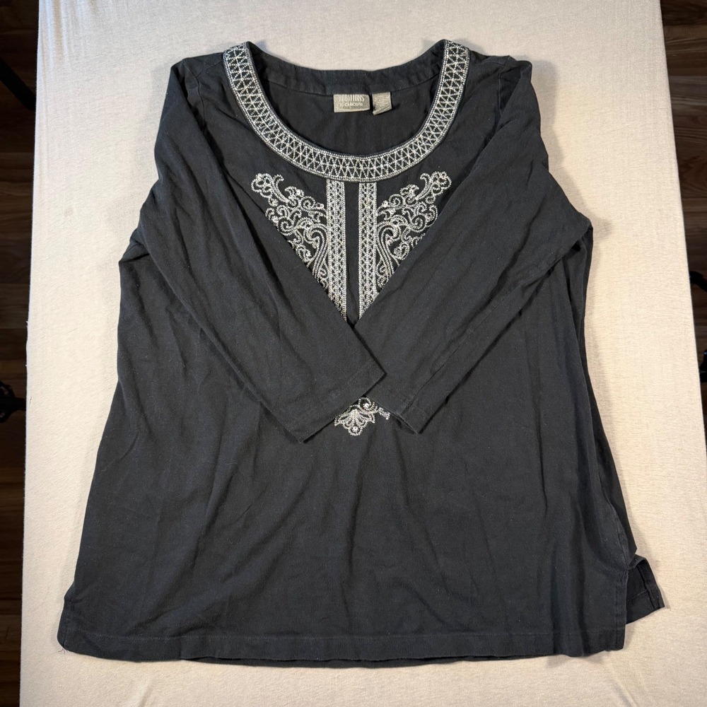 Additions by Chicos Black Embroidered 3/4 Sleeve Top Size 3 Large XL Silver Trim